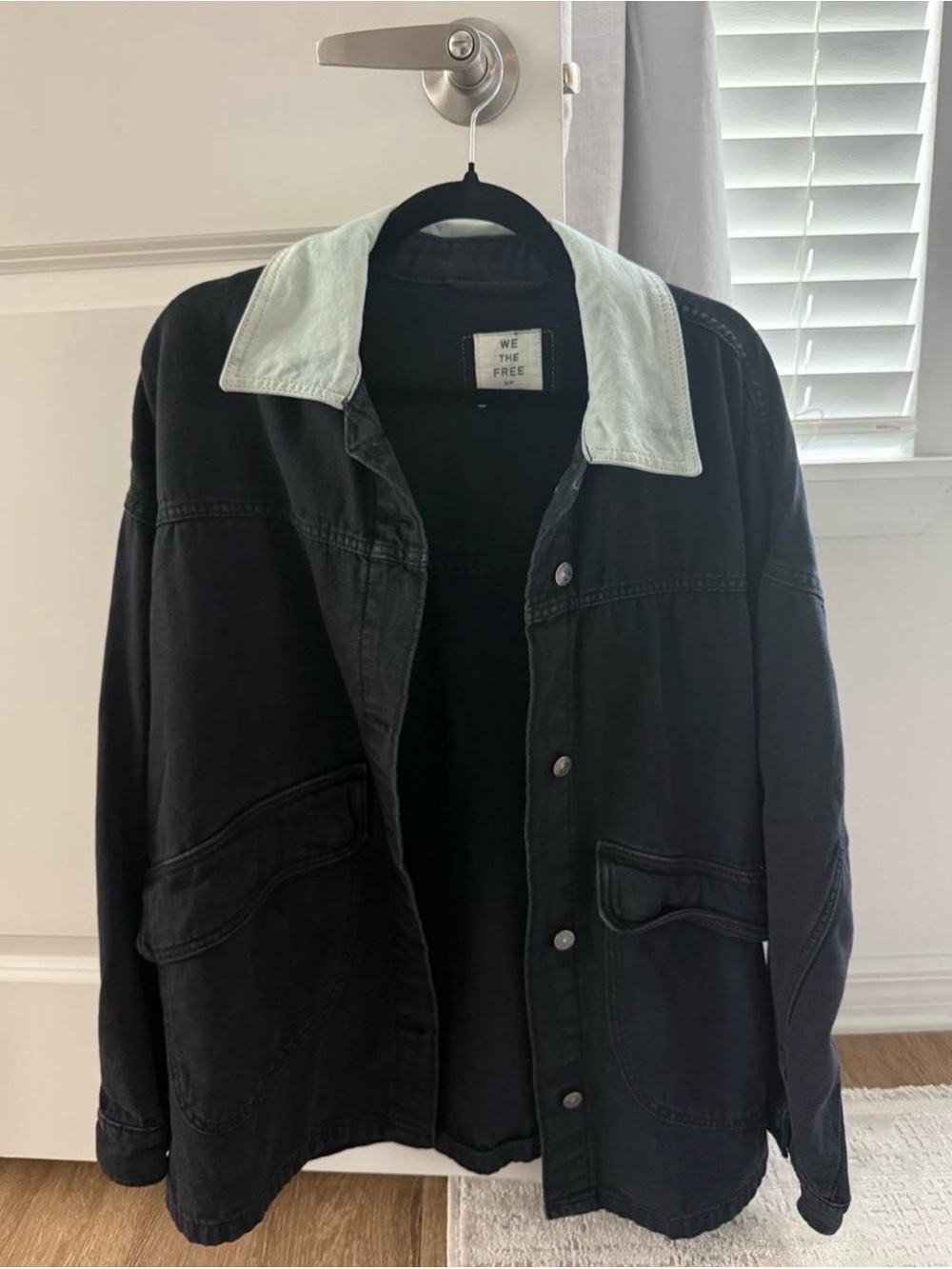 Free People Black Oversized Jean Jacket with Cream Collar - Picture 3 of 3